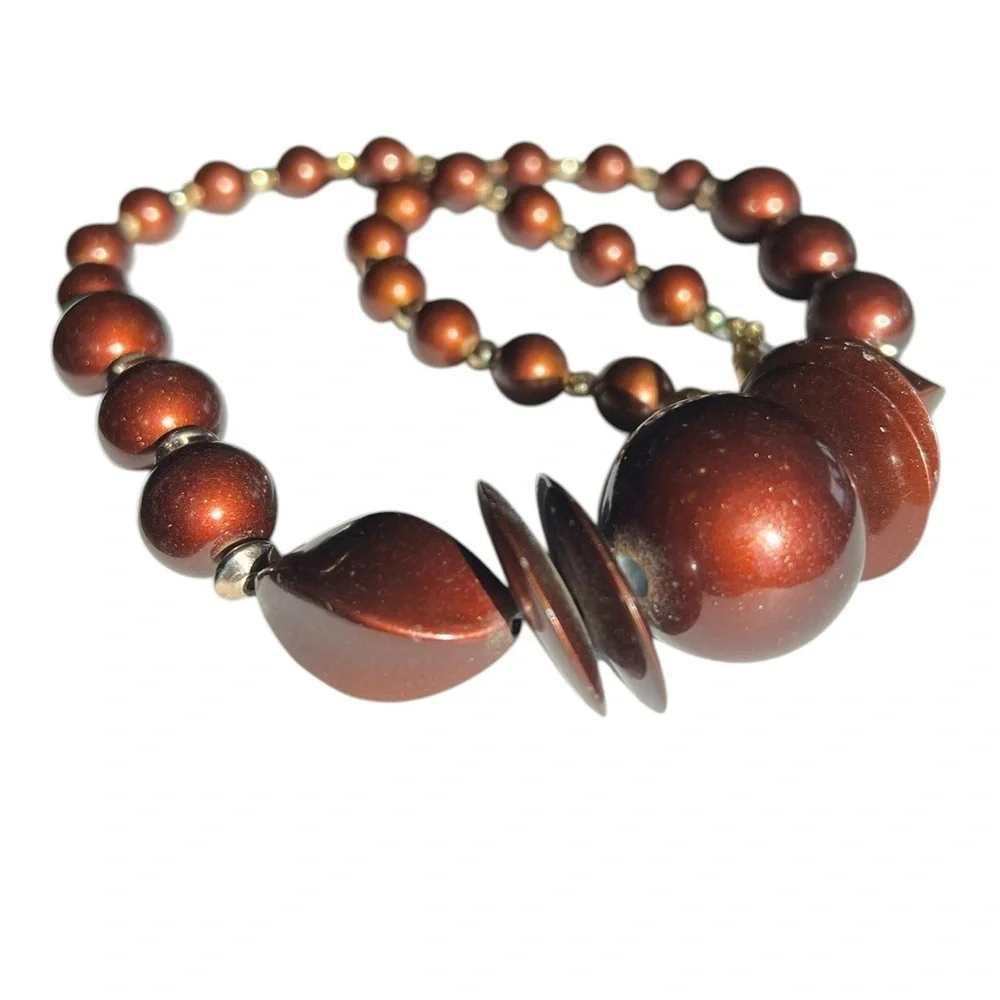 Vintage Brown Copper Chunky Beaded Retro Statement Necklace